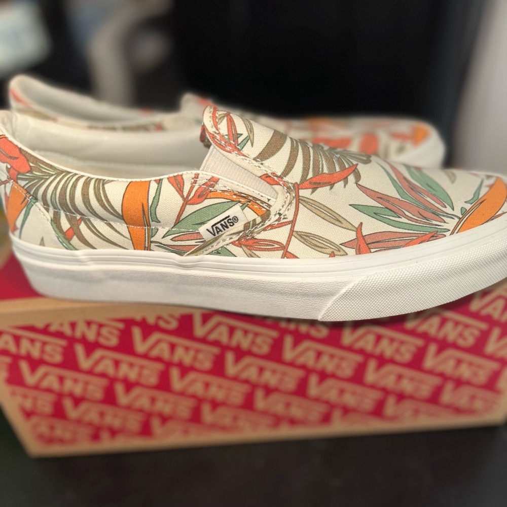 Vans Women’s Tropical Print Slip-On Sneakers - Orange and Green